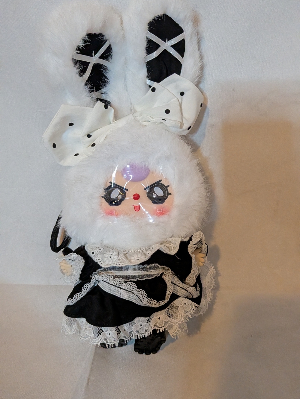 White Faux Fur Bunny Crossbody Bag with Black Lace Dress